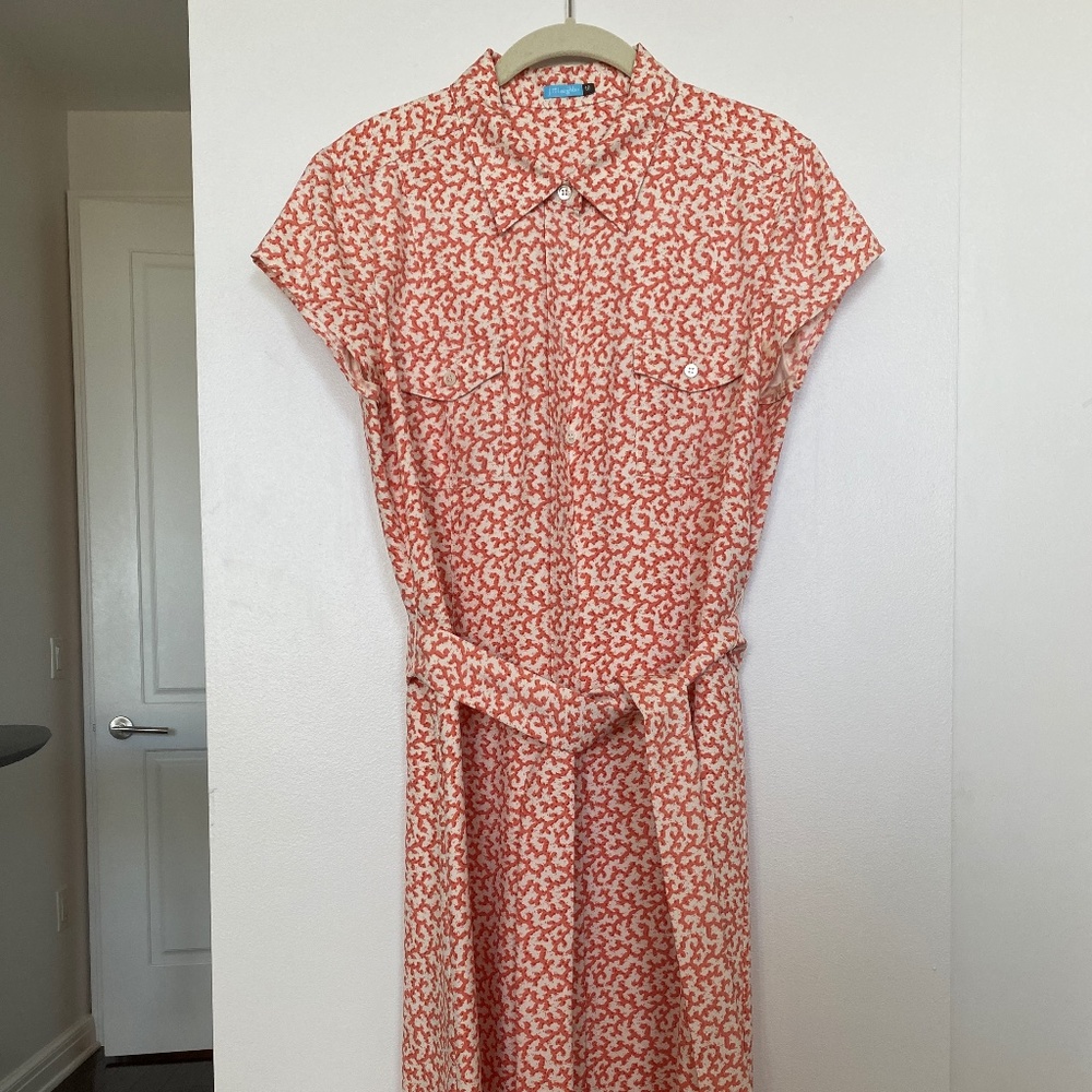 J. McLaughlin Silk Shirt Dress with Sash Belt Cream & Coral